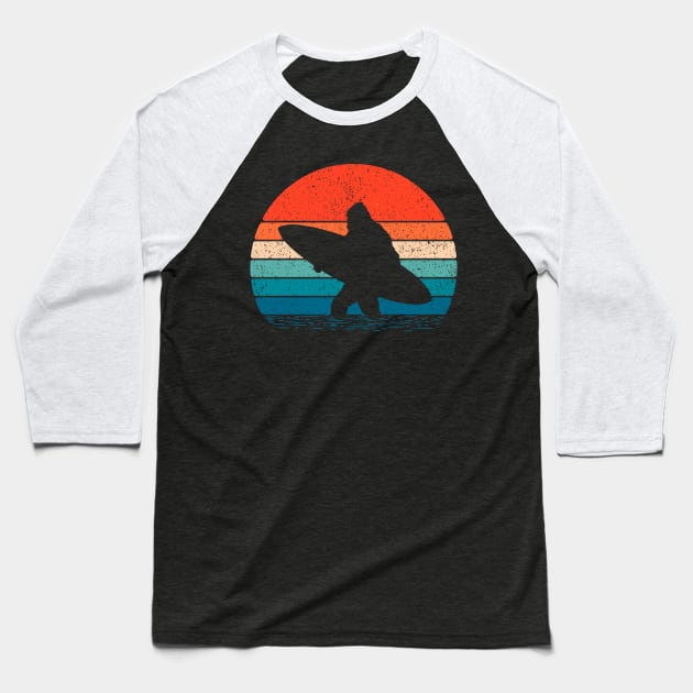 Bigfoot Surfing Sunset Baseball T-Shirt by Tesszero